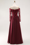 Cabernet A Line Chiffon Long Mother of the Bride Dress with Sleeves