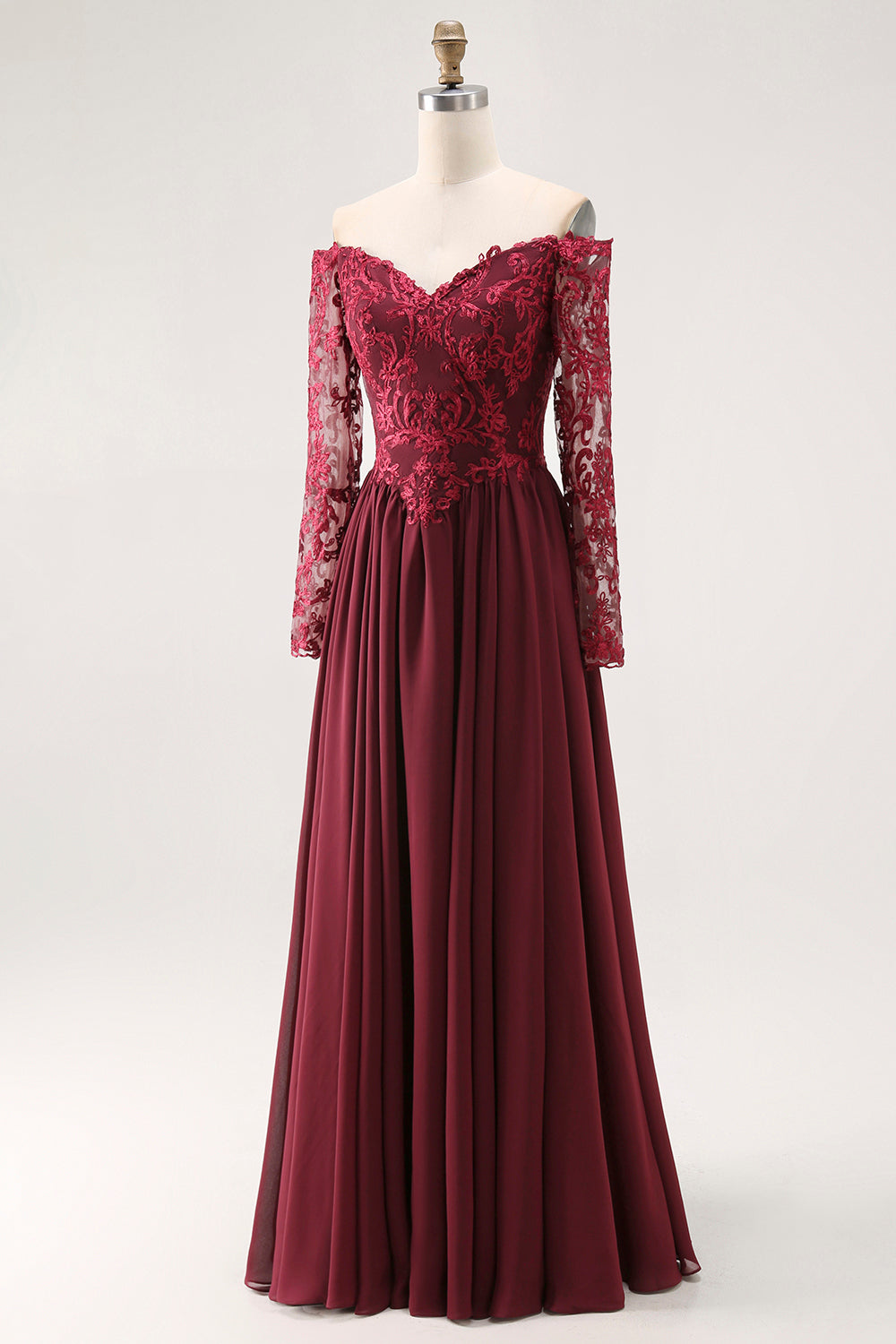Cabernet A Line Chiffon Long Mother of the Bride Dress with Lace