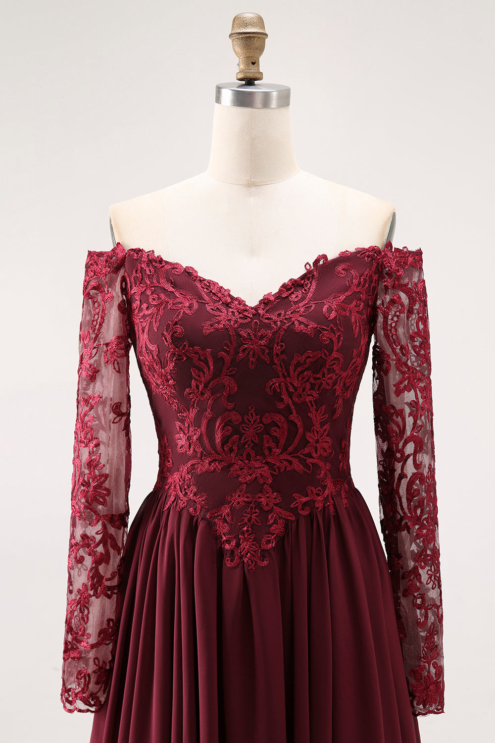 Cabernet A Line Chiffon Long Mother of the Bride Dress with Lace