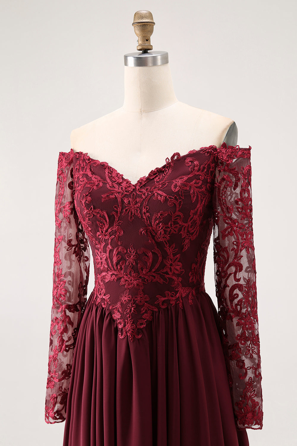 Cabernet A Line Chiffon Long Mother of the Bride Dress with Lace