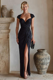 Black Cap Sleeves Ruched Maxi Mother of the Bride Dress with Slit