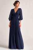 Navy V-Neck Chiffon A Line Long Mother of the Bride Dress with Sleeves