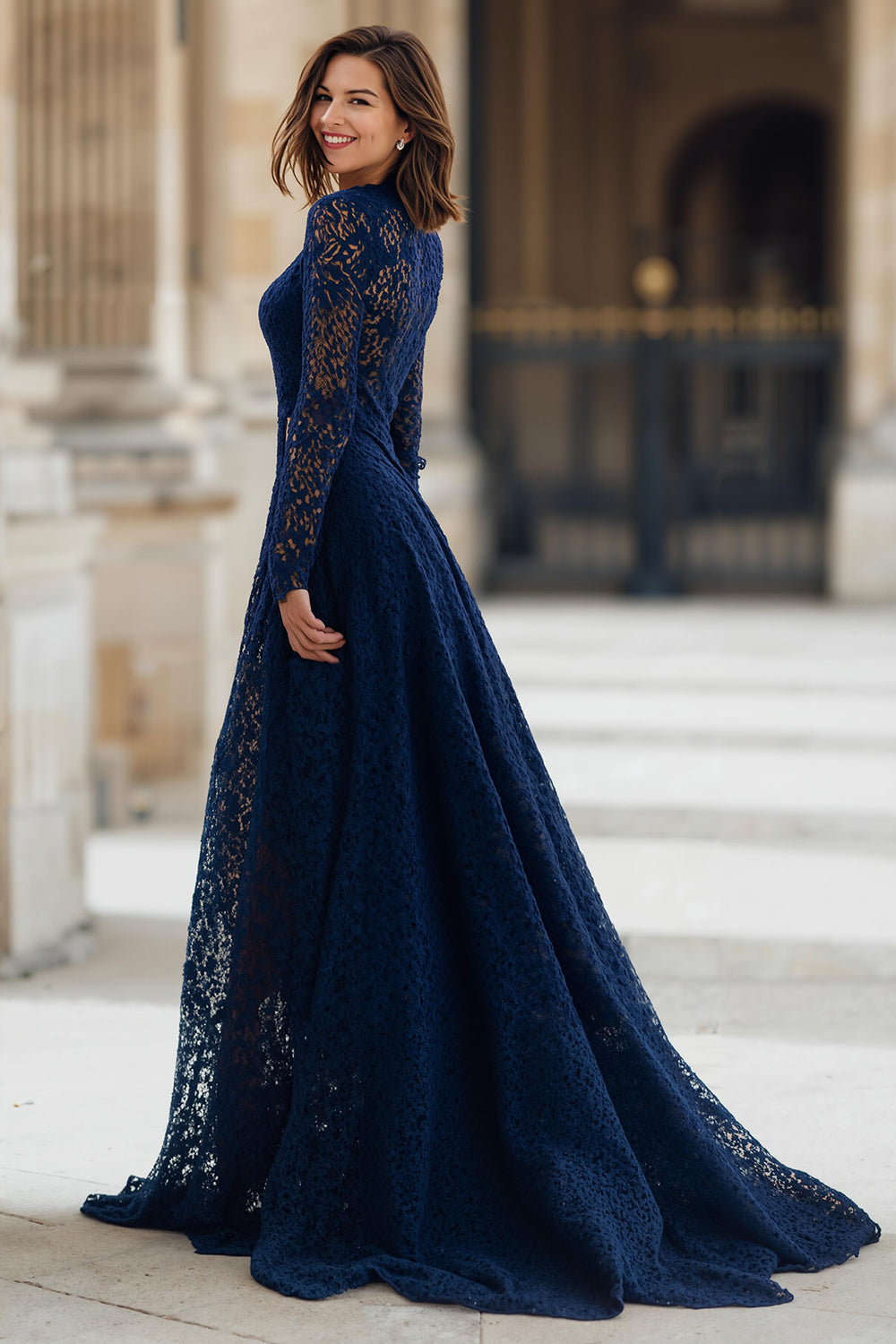 Navy Lace High Neck A-Line Long Mother of the Bride Dress with Sleeves