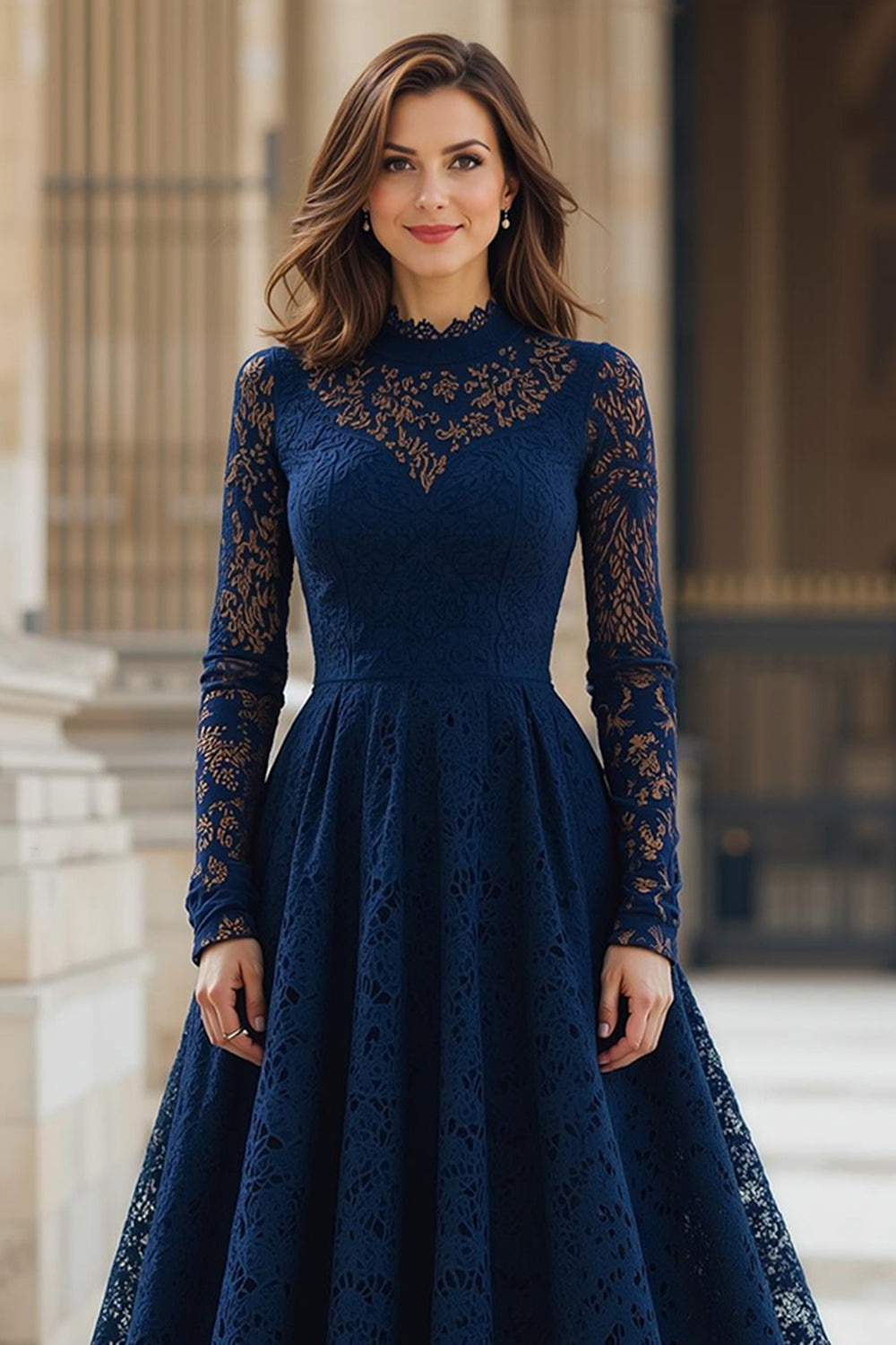 Navy Lace High Neck A-Line Long Mother of the Bride Dress with Sleeves