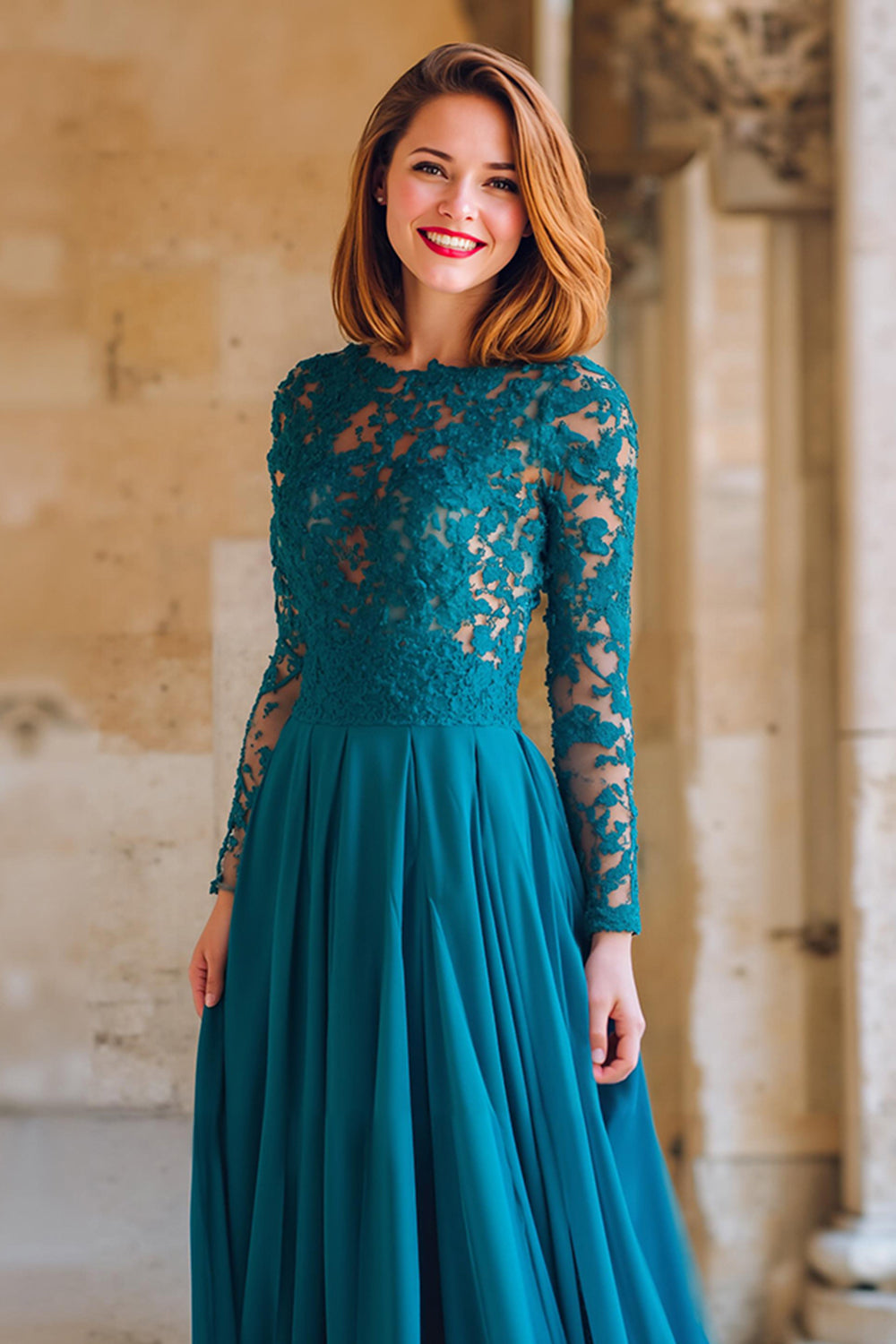 Peacock Blue Round Neck A-Line Chiffon Long Mother of the Bride Dress with Lace
