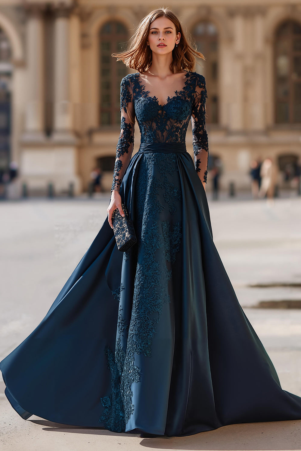 Navy V-Neck Long Sleeves A-Line Maxi Mother of the Bride Dress with Lace