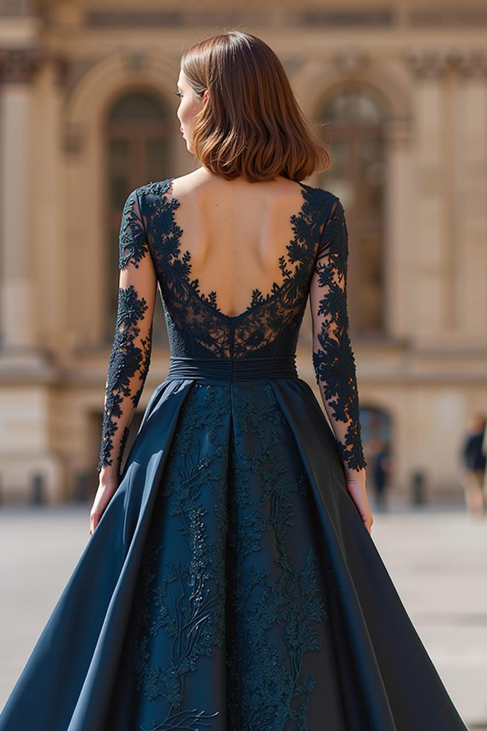 Navy V-Neck Long Sleeves A-Line Maxi Mother of the Bride Dress with Lace