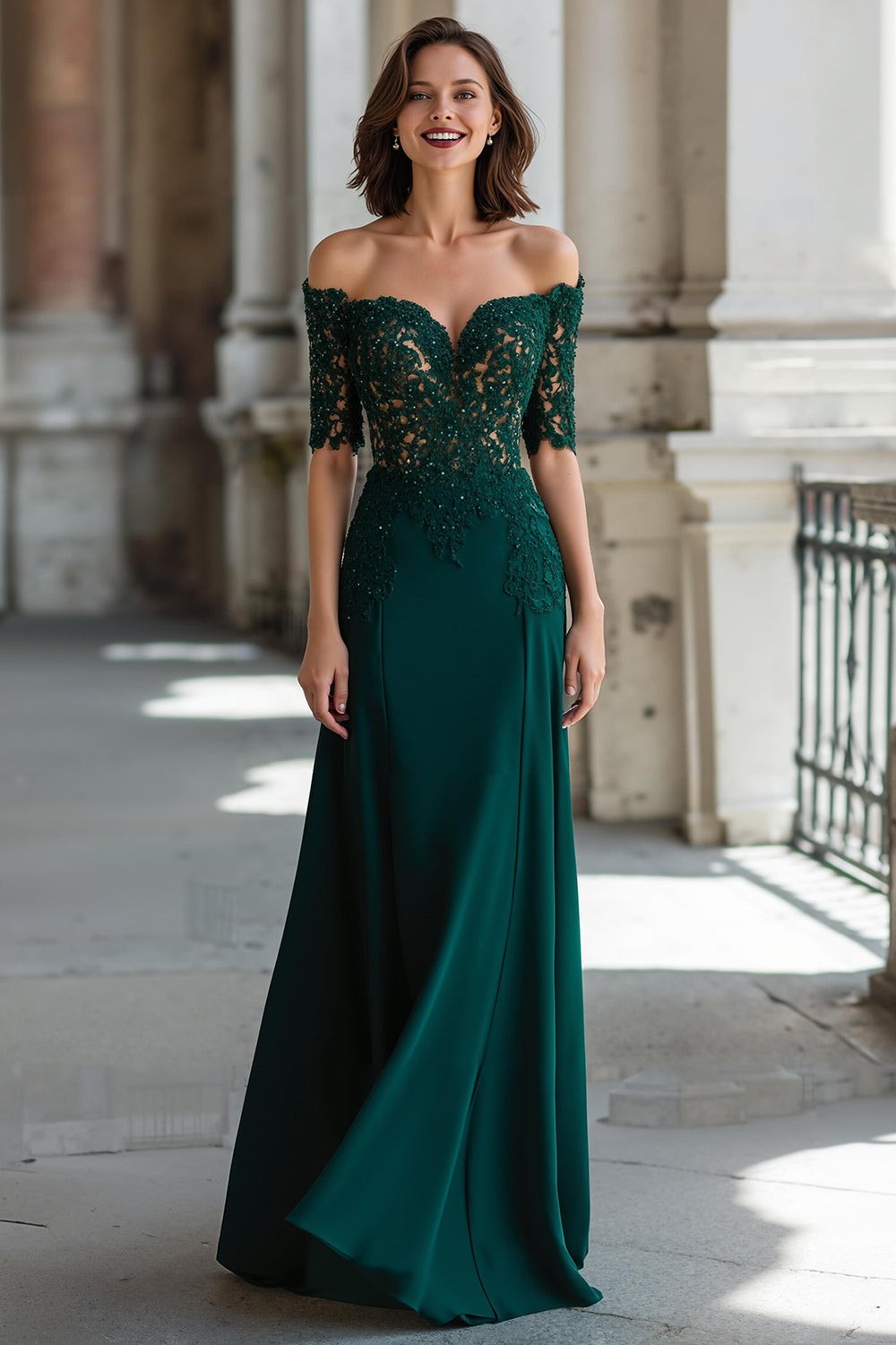 Dark Green Off the Shoulder Sheath Chiffon Long Mother of the Bride Dress with Lace
