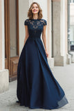 Navy Chiffon Round Neck A-Line Long Mother of the Bride Dress with Lace
