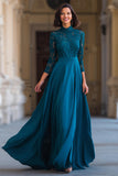 Peacock Blue High Neck A-Line Long Chiffon Mother of the Bride Dress with Lace