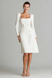 Ivory Square Neck Midi A Line Work Dress with Sleeves