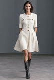 Ivory Round Neck A Line Tweed Short Work Dress with Pockets