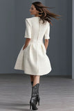 Ivory Round Neck A Line Tweed Short Work Dress with Pockets