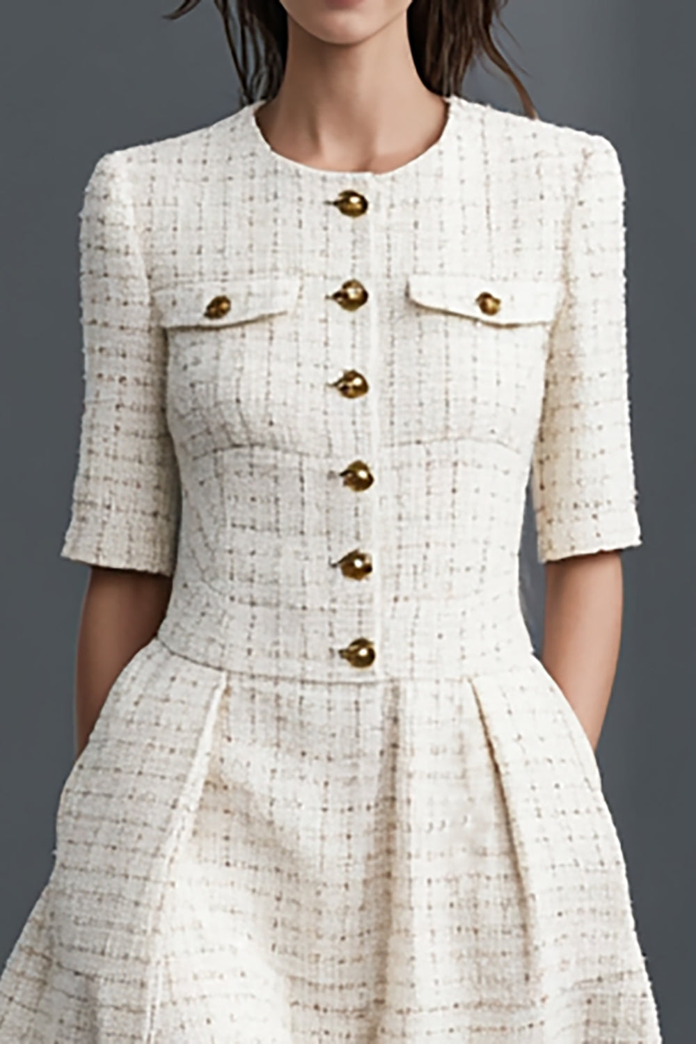 Ivory Round Neck A Line Tweed Short Work Dress with Pockets