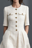 Ivory Round Neck A Line Tweed Short Work Dress with Pockets