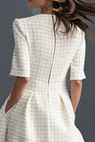 Ivory Round Neck A Line Tweed Short Work Dress with Pockets