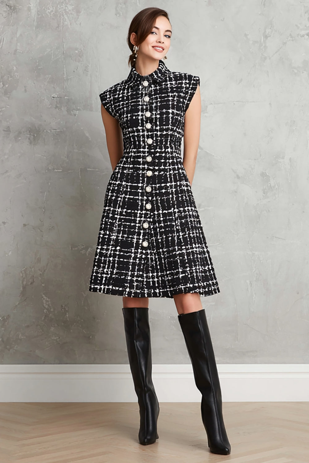 Black Tweed Single Breasted Plaid A Line Midi Interview Dress