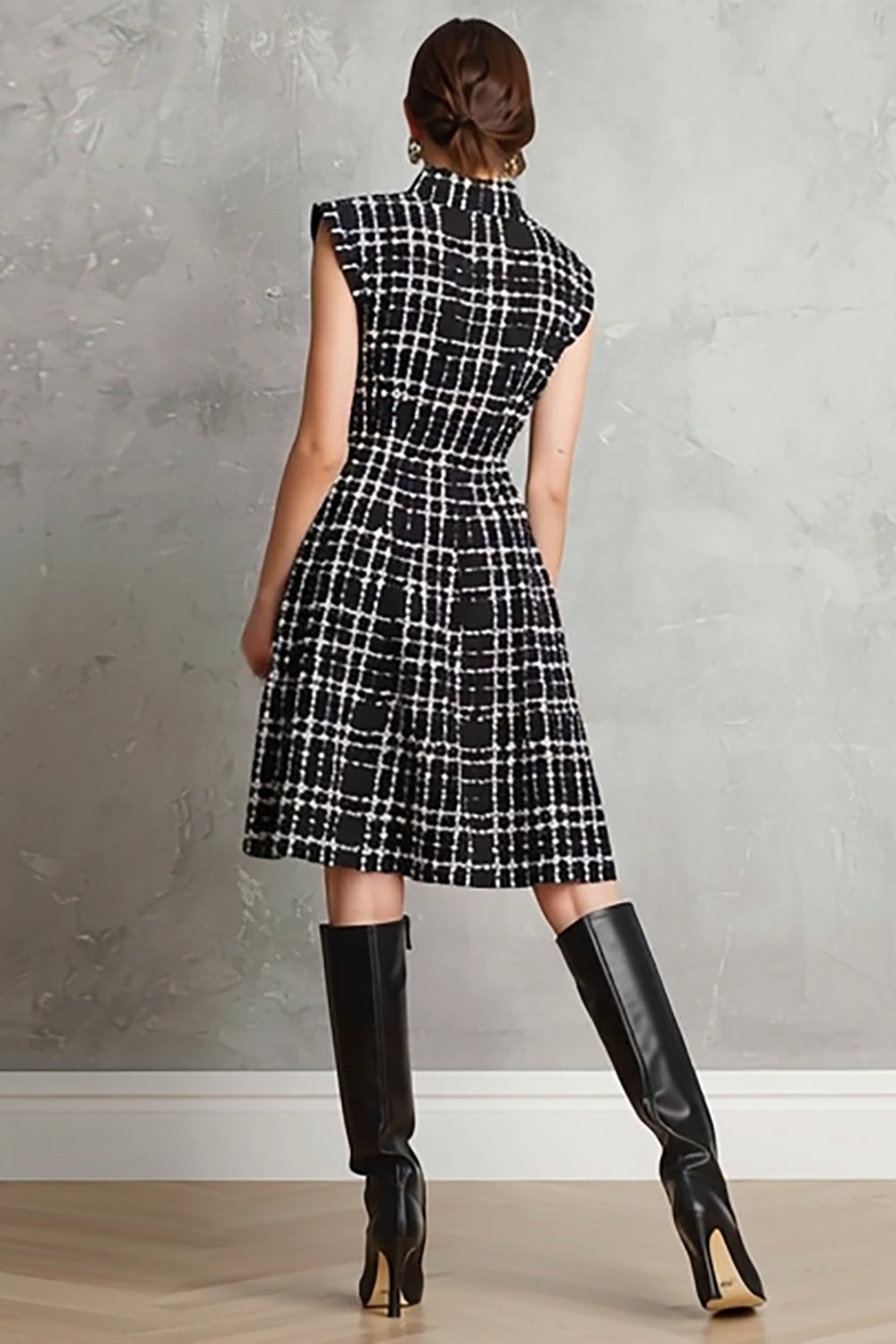 Black Tweed Single Breasted Plaid A Line Midi Interview Dress