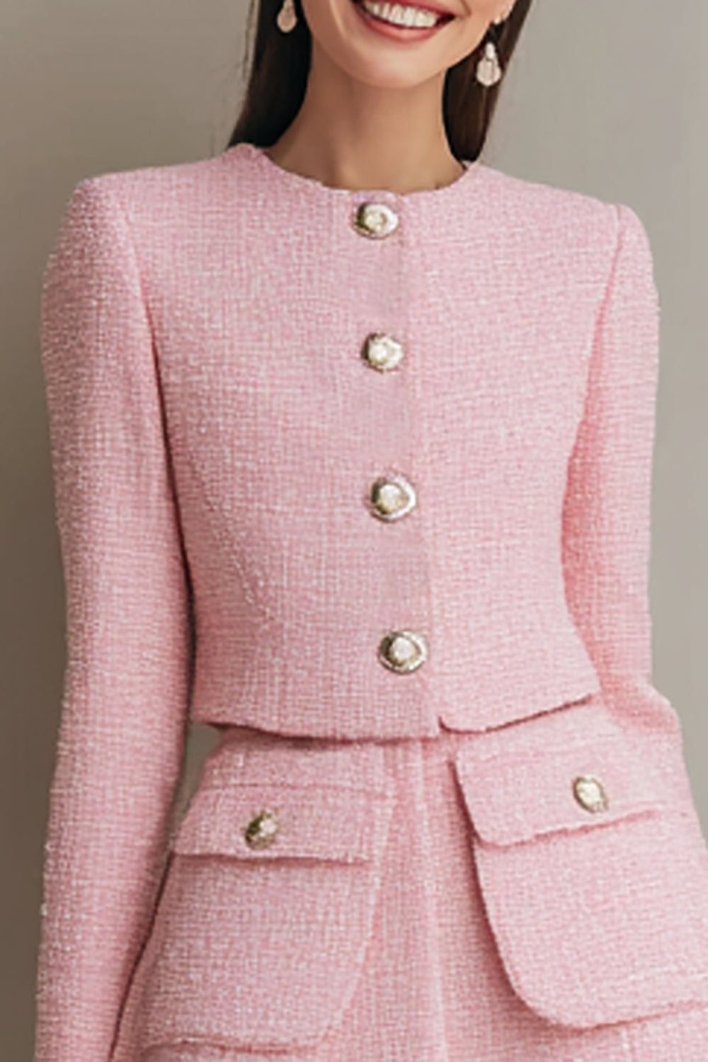 Pink 2 Piece Single Breasted Short Tweed Outfits