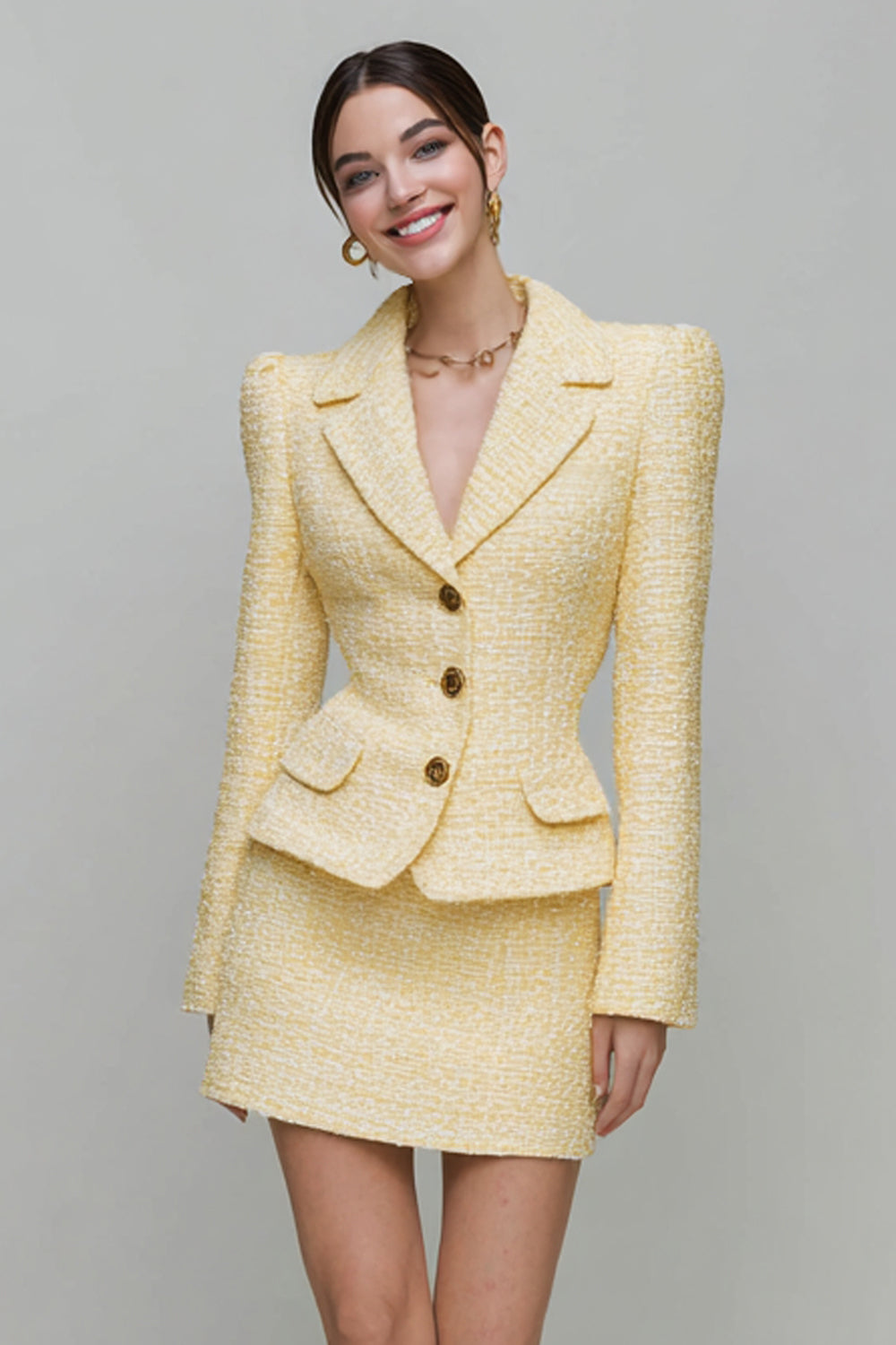 Light Yellow Notched Lapel 2 Piece Tweed Outfits