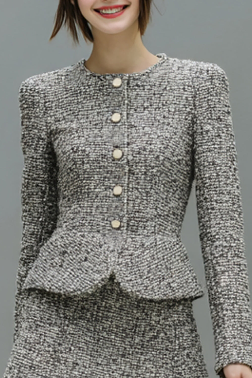 Grey Single Breasted Tweed 2 Piece Date Night Outfits