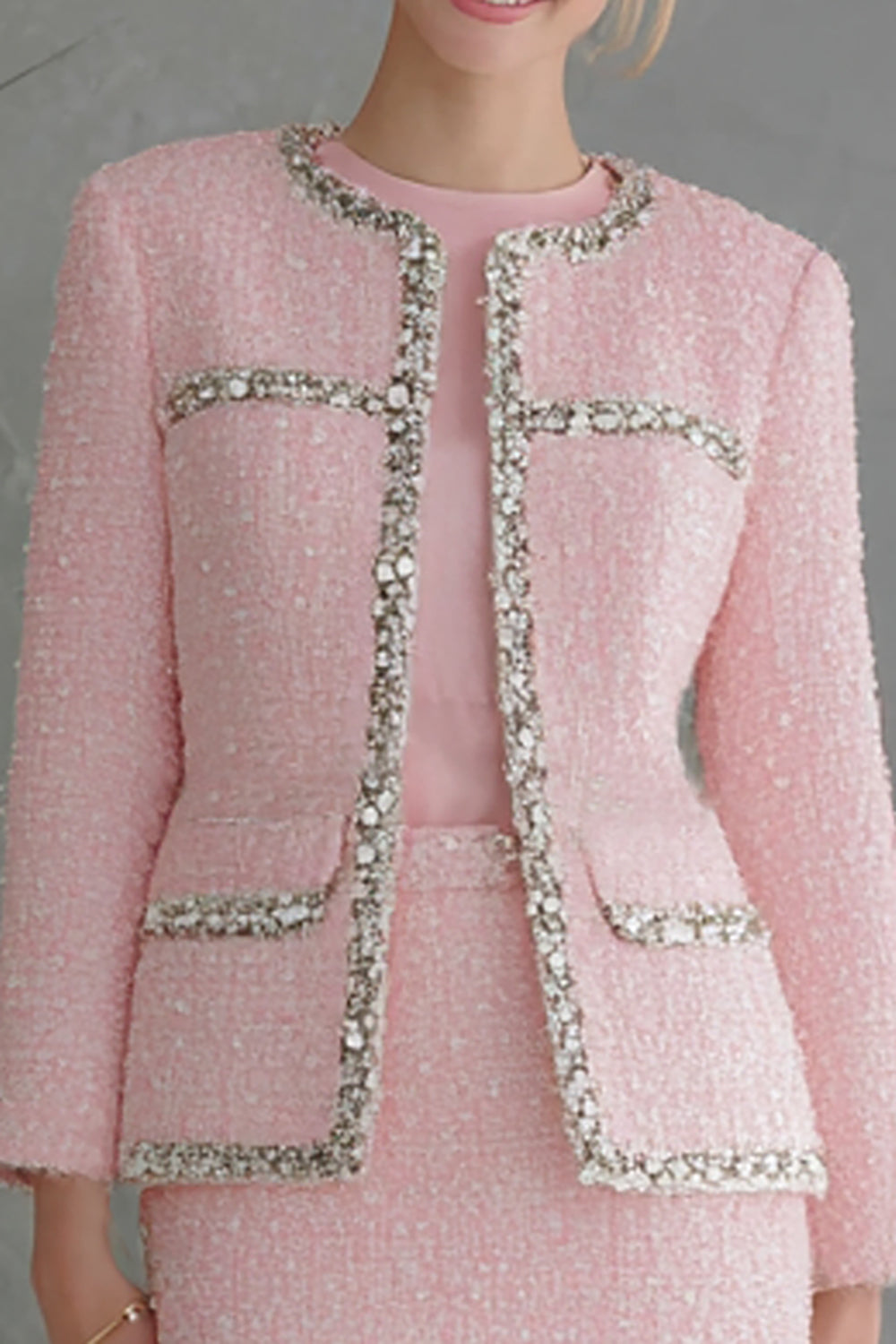 Sparkly Pink 2 Piece Pencil Short Tweed Outfits
