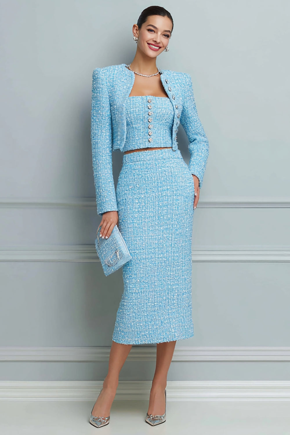 Light Blue 3 Piece Tweed Pencil Midi Date Night Outfits