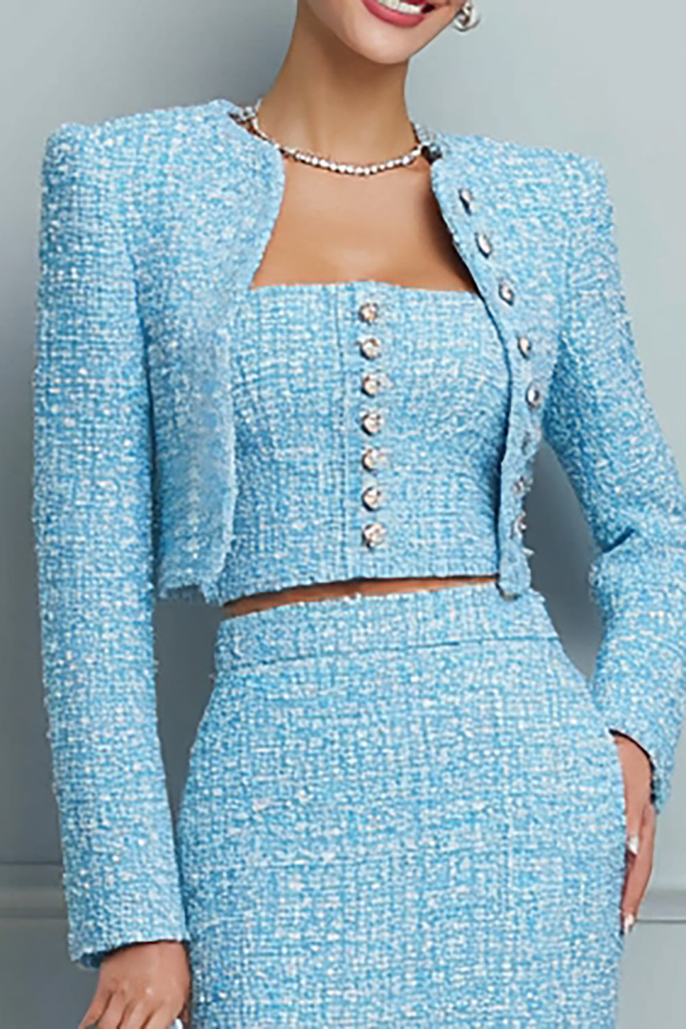 Light Blue 3 Piece Tweed Pencil Midi Date Night Outfits