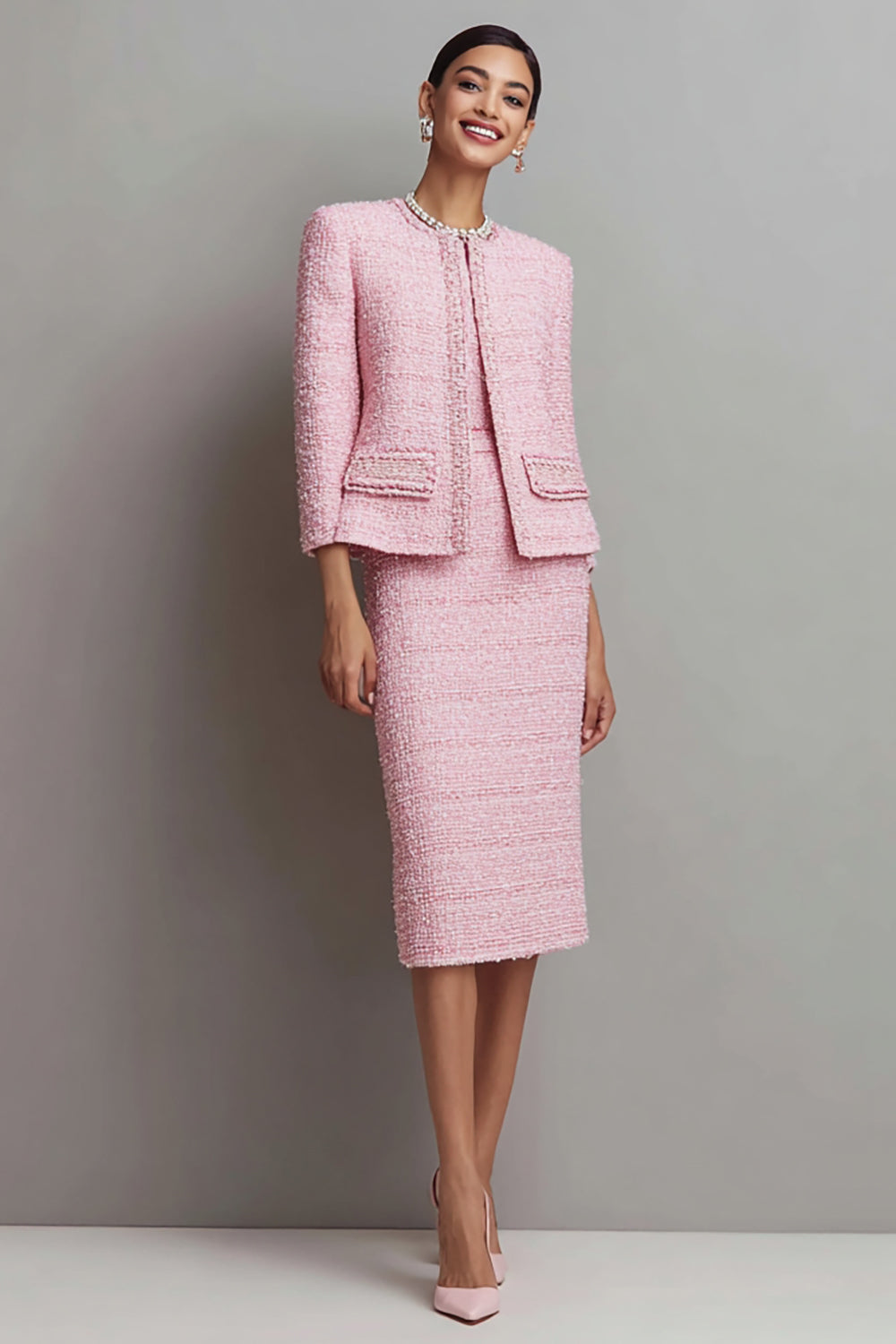 Pink Round Neck 2 Piece Pencil Midi Tweed Outfits