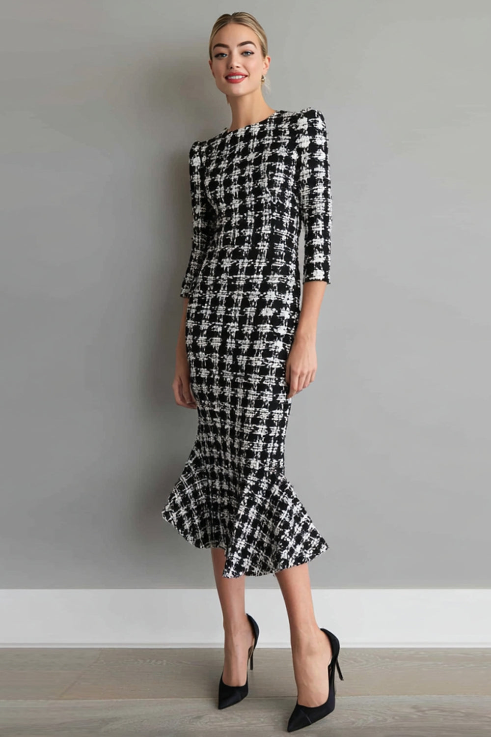 Mix Black Grid Mermaid Tweed Bateau Neck Midi Work Dress