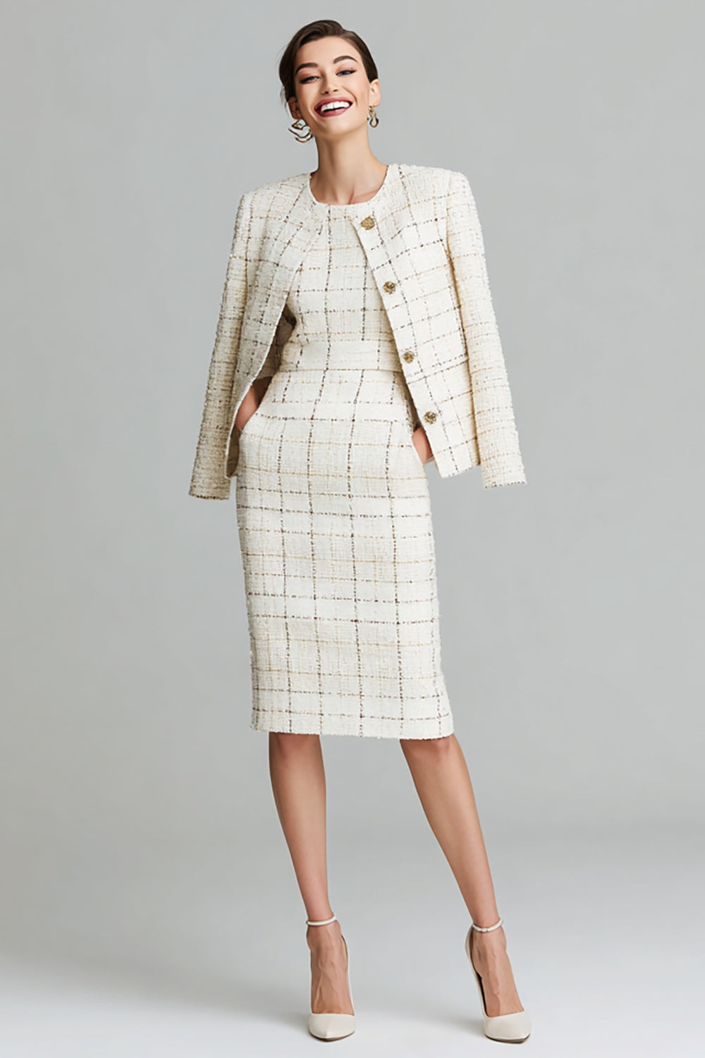 Mix Black Grid 2 Piece Pencil Midi Tweed Outfits with Pockets