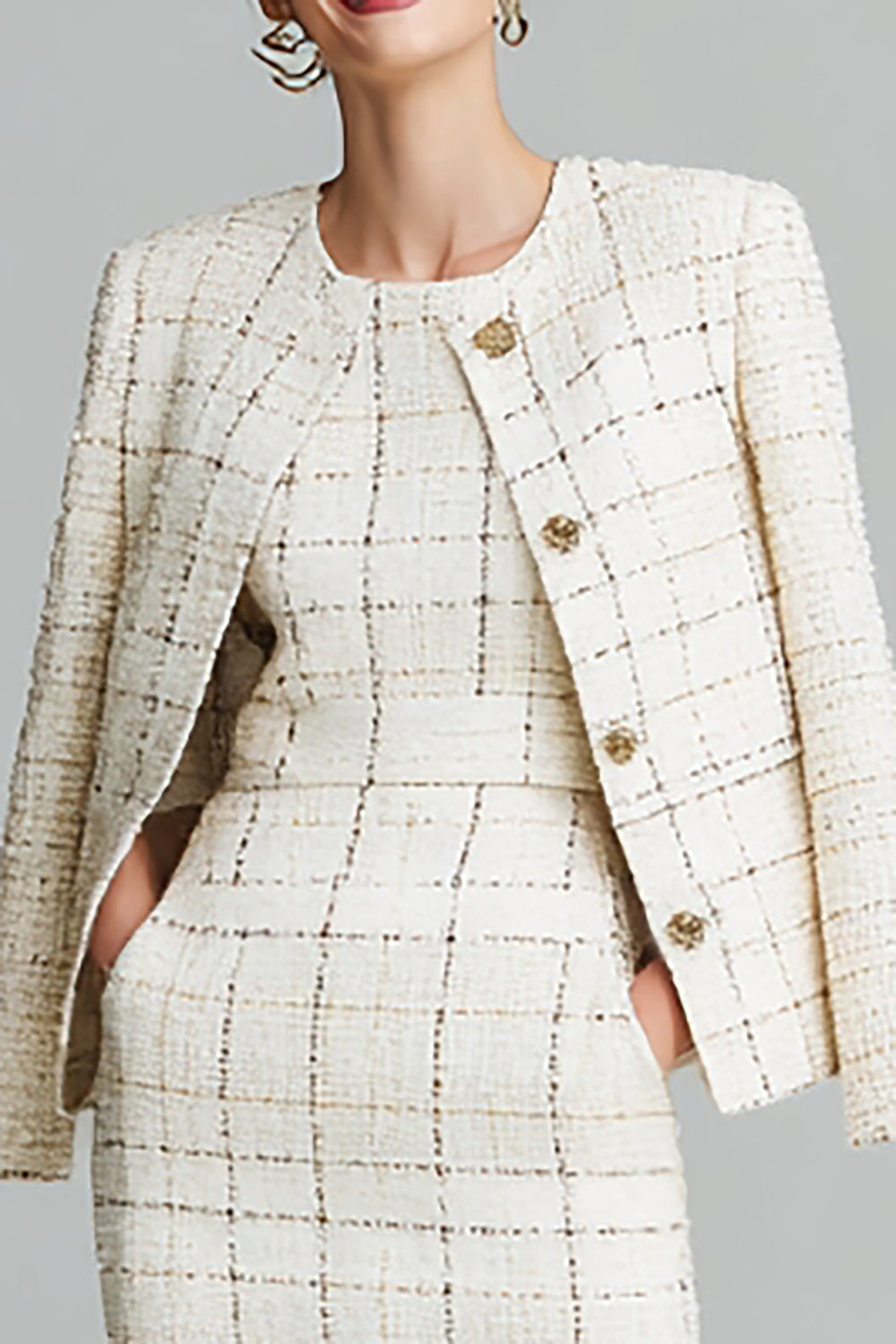 Mix Black Grid 2 Piece Pencil Midi Tweed Outfits with Pockets