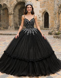 Princess Black Spaghetti Straps Tulle Quinceanera Dress with Appliques