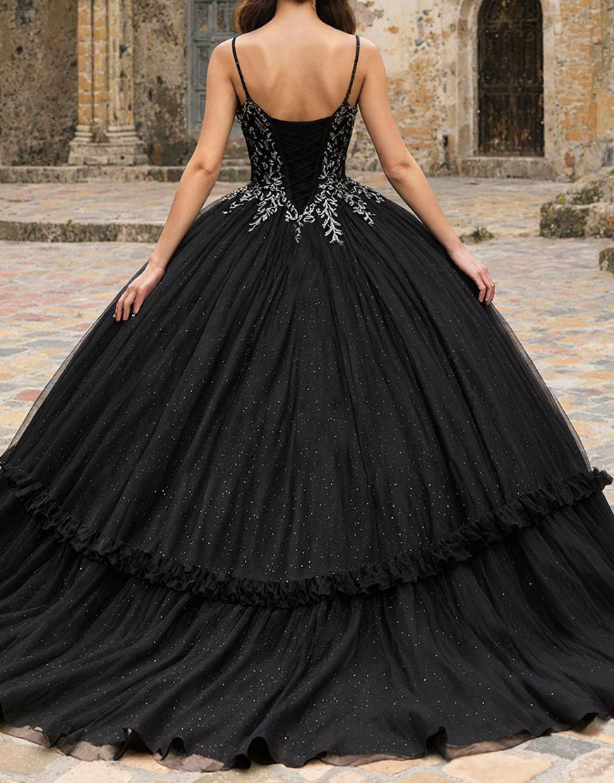 Princess Black Spaghetti Straps Tulle Quinceanera Dress with Appliques