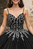 Princess Black Spaghetti Straps Tulle Quinceanera Dress with Appliques