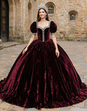 Sparkly Burgundy Velvet Square Neck Princess Quinceanera Dress with Beading
