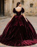 Sparkly Burgundy Velvet Square Neck Princess Quinceanera Dress with Beading