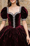 Sparkly Burgundy Velvet Square Neck Princess Quinceanera Dress with Beading