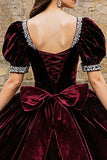 Sparkly Burgundy Velvet Square Neck Princess Quinceanera Dress with Beading