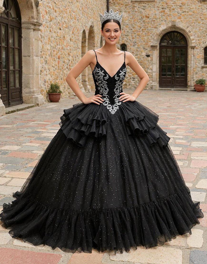 Glitter Black Spaghetti Straps Ruffled Tulle Princess Quinceanera Dress with Appliques