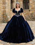 Navy Sweetheart Velvet Puff Sleeves Princess Quinceanera Dress with Appliques