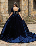 Navy Sweetheart Velvet Puff Sleeves Princess Quinceanera Dress with Appliques
