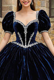 Navy Sweetheart Velvet Puff Sleeves Princess Quinceanera Dress with Appliques