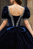 Navy Sweetheart Velvet Puff Sleeves Princess Quinceanera Dress with Appliques