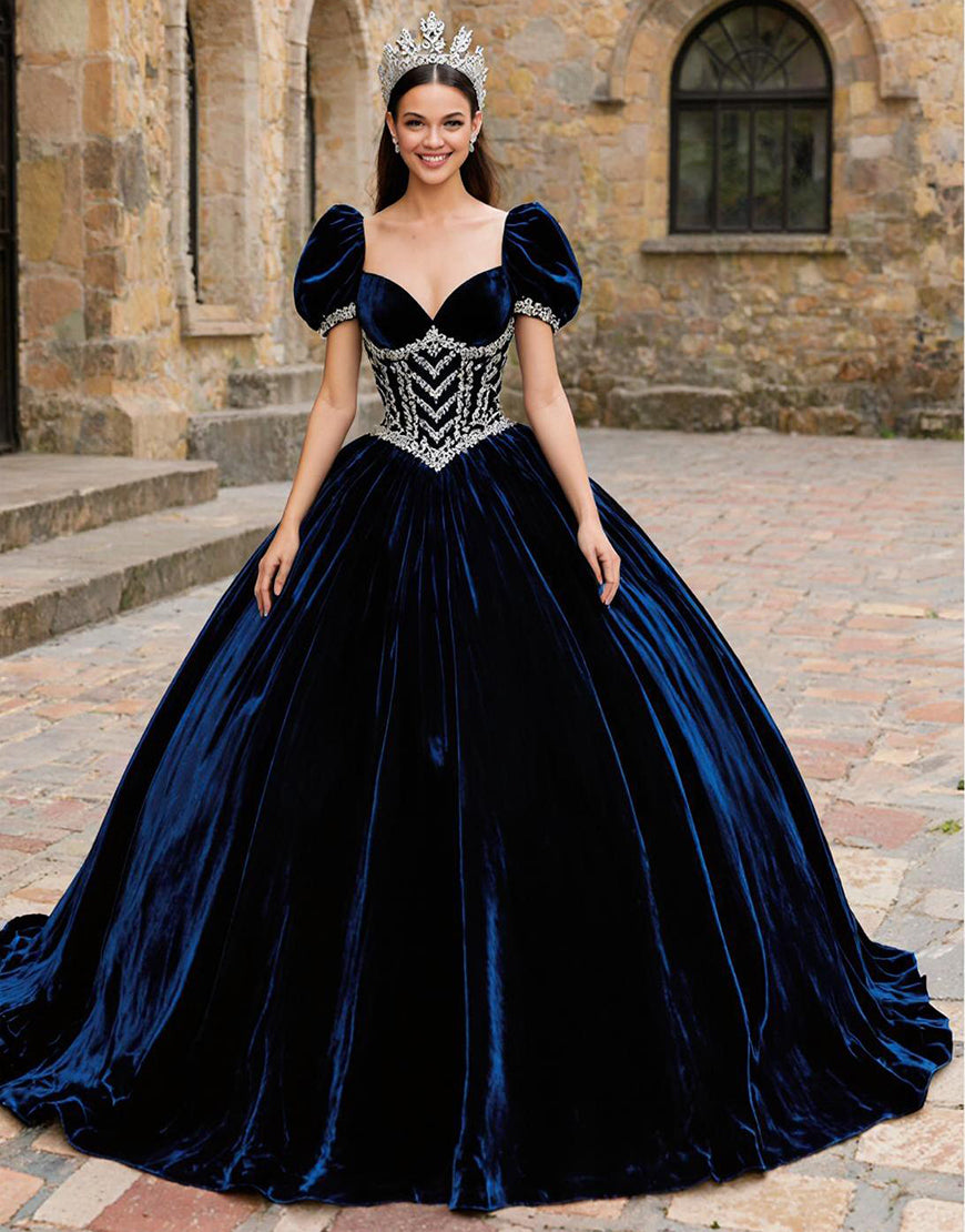 Princess Navy Sweetheart Velvet Puff Sleeves Quinceanera Dress with Appliques