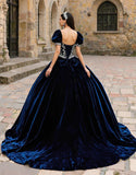 Princess Navy Sweetheart Velvet Puff Sleeves Quinceanera Dress with Appliques
