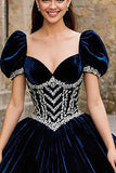 Princess Navy Sweetheart Velvet Puff Sleeves Quinceanera Dress with Appliques