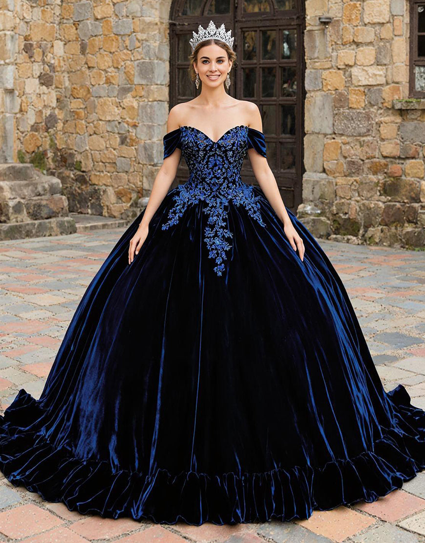 Princess Navy Velvet Off the Shoulder Appliqued Quinceanera Dress with Ruffles