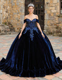 Princess Navy Velvet Off the Shoulder Appliqued Quinceanera Dress with Ruffles