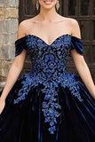 Princess Navy Velvet Off the Shoulder Appliqued Quinceanera Dress with Ruffles